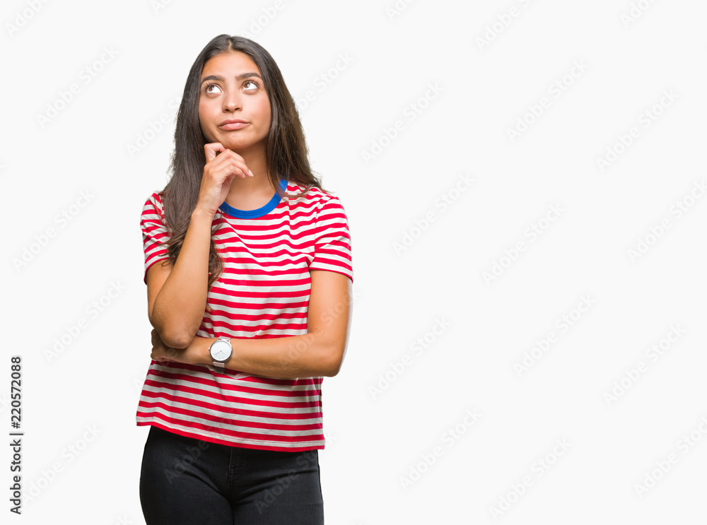 Young beautiful arab woman over isolated background with hand on chin thinking about question, pensive expression. Smiling with thoughtful face. Doubt concept. Young beautiful arab woman over isolated background with hand on chin thinking about question, pensive expression. Smiling with thoughtful face. Doubt concept.