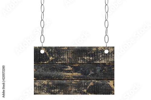 The wooden plaque from the shabby black boards hangs on a metal chain. White isolate.