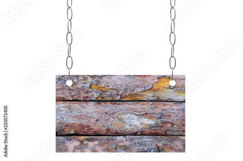 A wooden tablet hangs on a metal chain. White isolate.