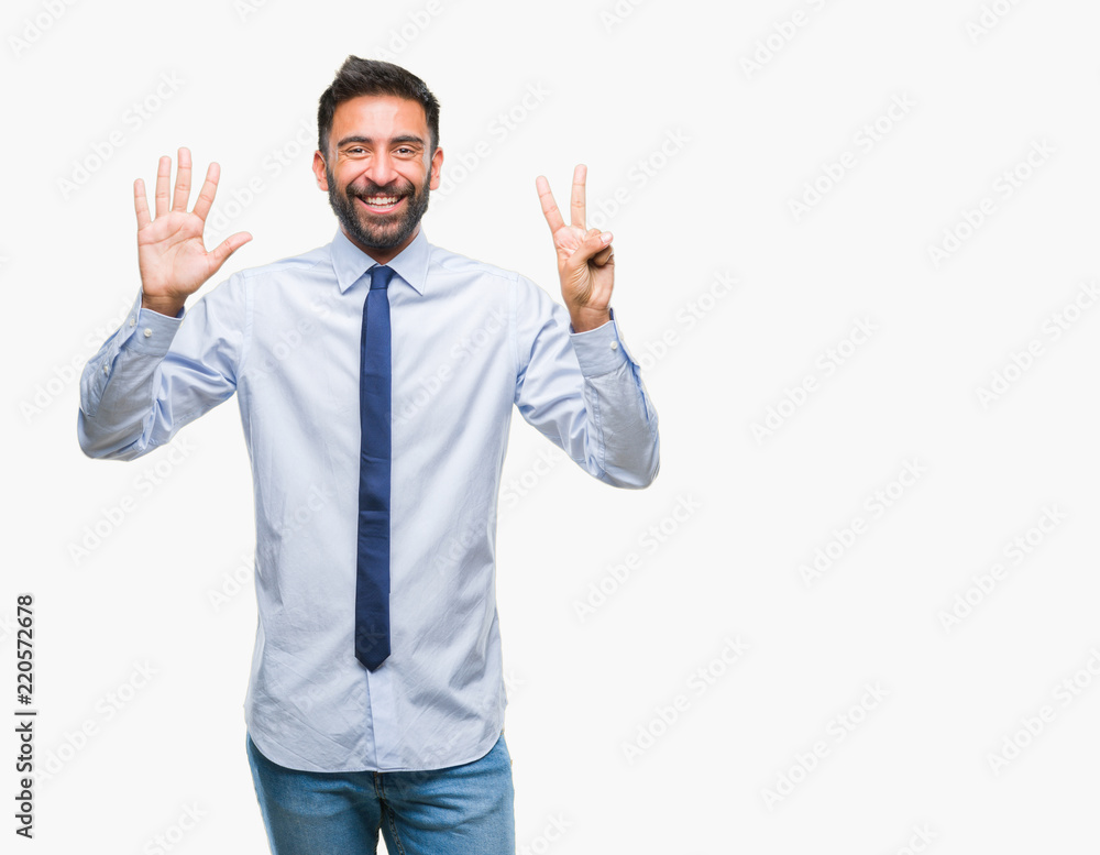 Adult hispanic business man over isolated background showing and pointing up with fingers number seven while smiling confident and happy. Adult hispanic business man over isolated background showing and pointing up with fingers number seven while smiling confident and happy.