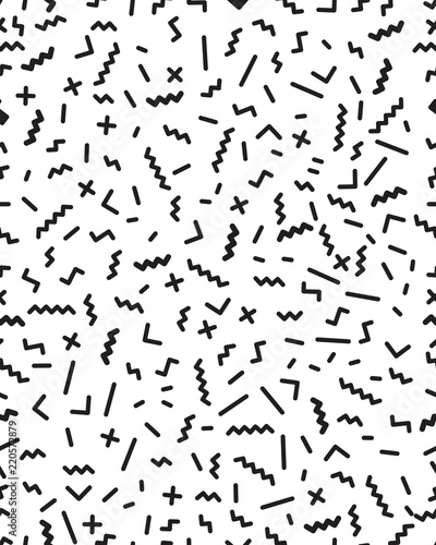 Abstract geometric background, memphis style, seamless vector pattern of different line