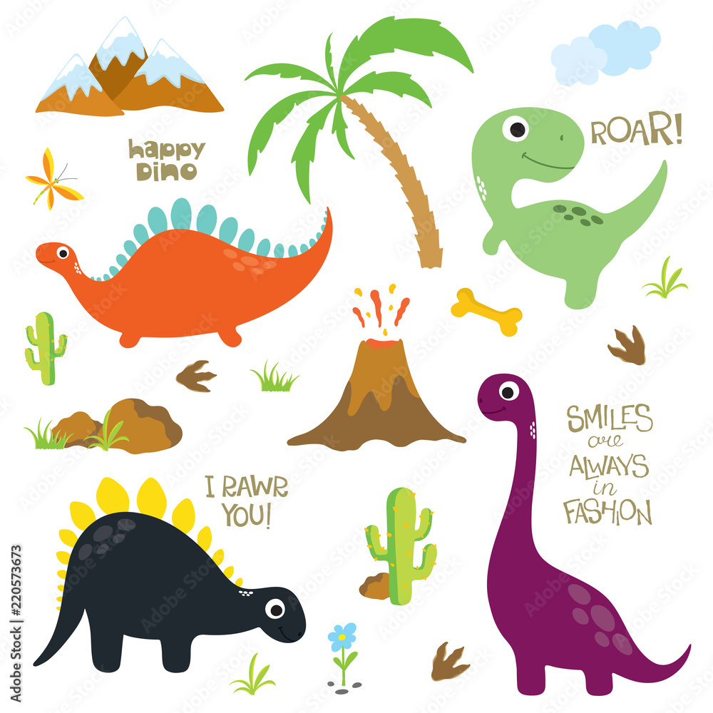 Fototapeta premium Ślad dinozaura, wulkan, palma, kamienie, kość i kaktus