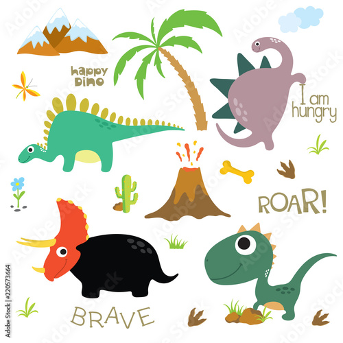 Dinosaur footprint, Volcano, Palm tree, Stones, Bone and Cactus