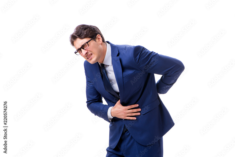 Sick and unhappy businessman isolated on white background