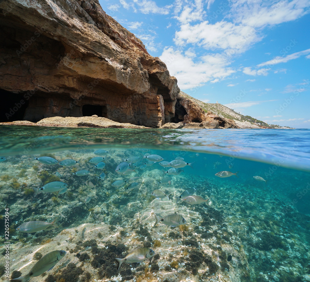 Rocky coast with cave on the sea shore and a shoal of fishes underwater, split view above and below water surface, Mediterranean, Cova Tallada, Costa Blanca, Javea, Alicante, Valencia, Spain