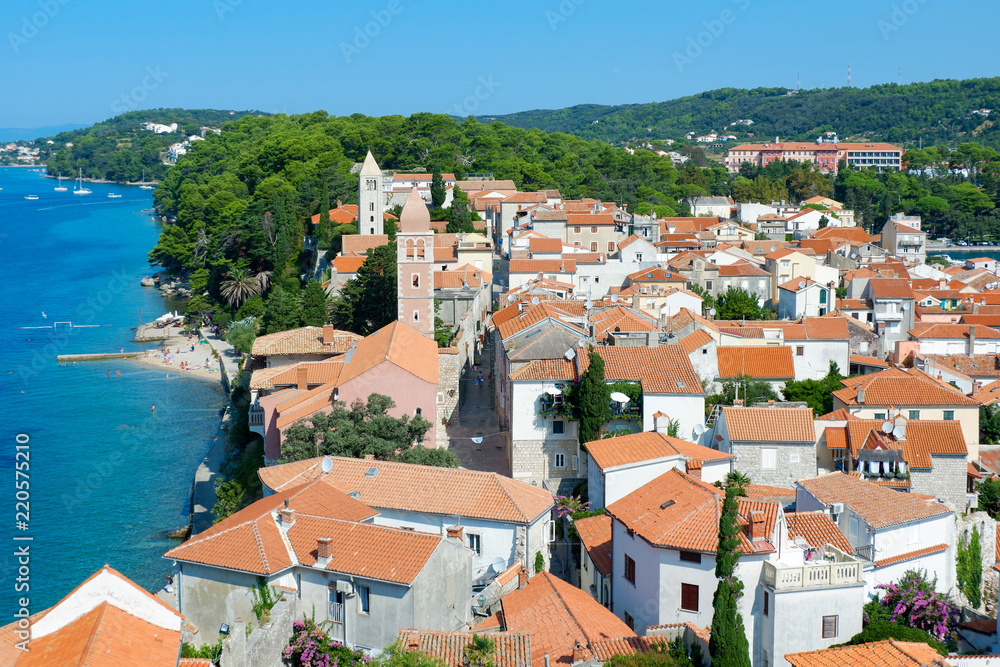 View from the top of an ancient city of Rab, located on a beautiful island on the Adriatic coast in the heart of Mediterranean sea. Surrounded by the crystal clear turquoise sea.
