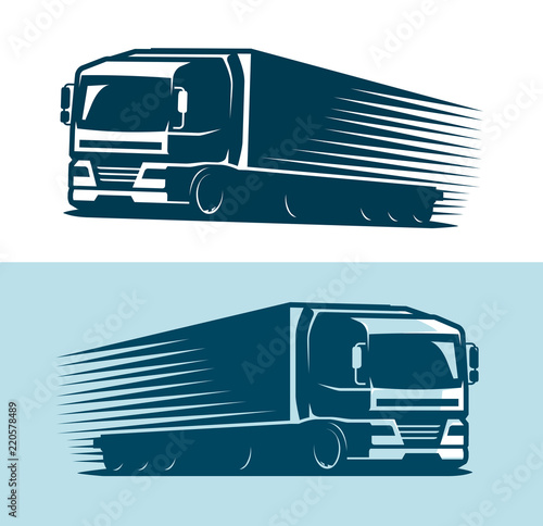 Truck, lorry logo or label. Trucking, delivery symbol. Vector illustration