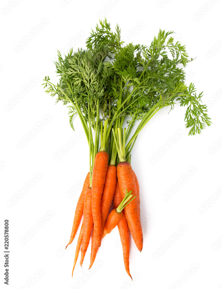 Fresh carrot heap vegetables isolated on white - obrazy, fototapety, plakaty 