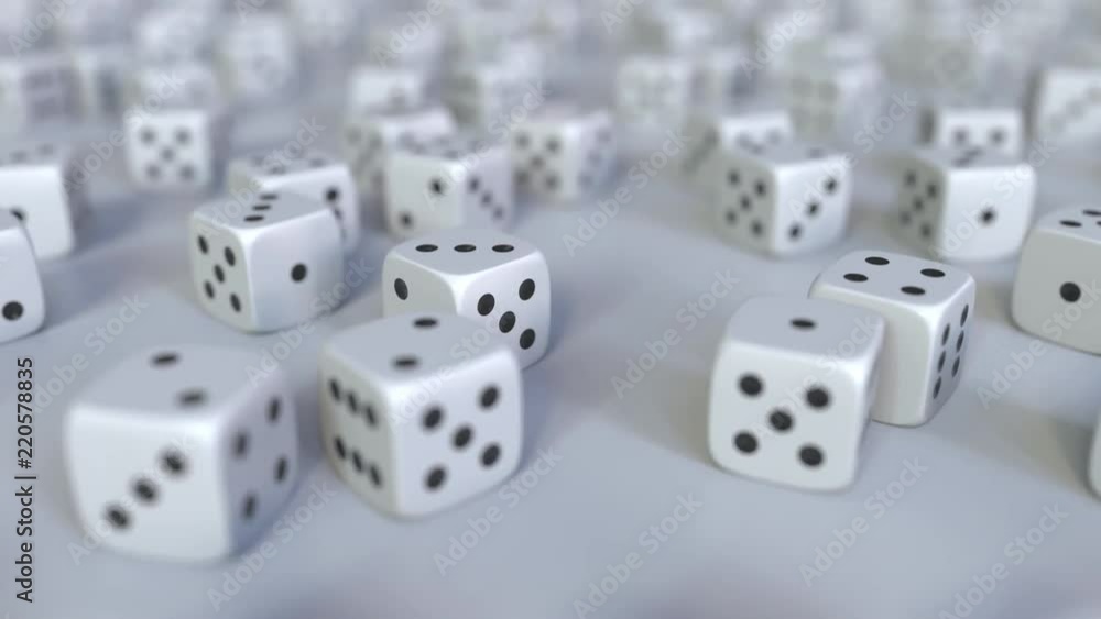 Scattered gambling dices. Realistic 3D animation, seamless loop