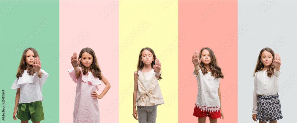 Obraz premium Collage of brunette hispanic girl wearing different outfits doing stop sing with palm of the hand. Warning expression with negative and serious gesture on the face.