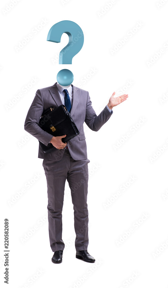 Businessman with question mark instead of his head Businessman with question mark instead of his head