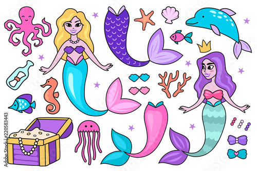 set of cartoon underwater characters. mermaid, dolphin, starfish, fish. treasure chest. vector illustration. Mermaid's tail. 