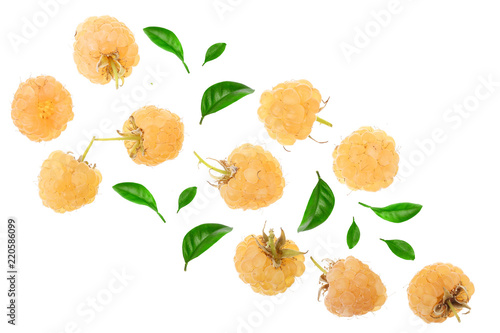 Fototapeta Naklejka Na Ścianę i Meble -  Yellow raspberries with leaf isolated on white background with copy space for your text. Top view. Flat lay pattern