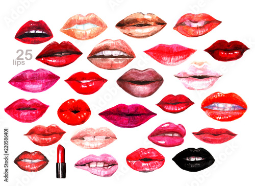 Wallpaper Mural Watercolor 25 painted lips with lipstick red and pink isolated on white set. Torontodigital.ca