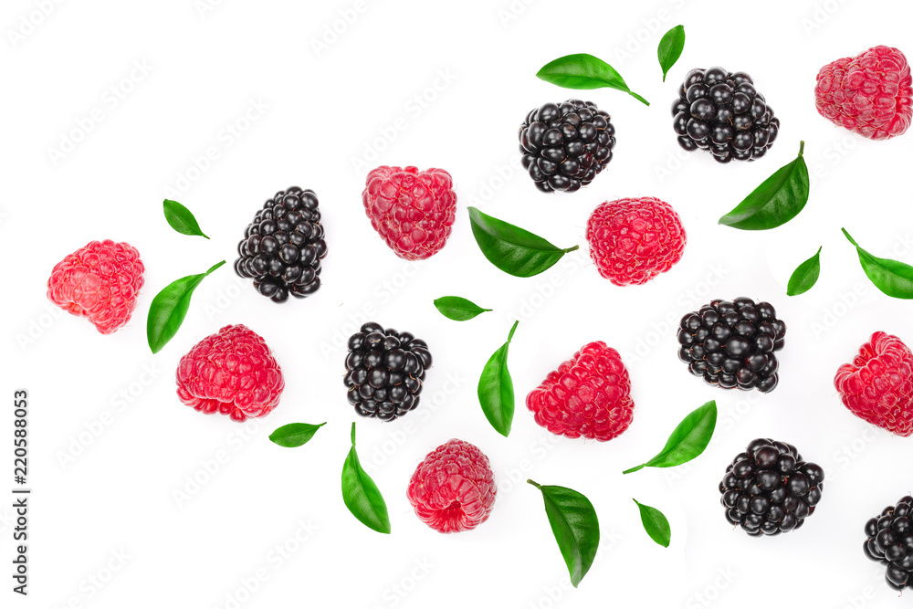 blackberry and raspberry isolated on white background. Top view with copy space for your text. Flat lay pattern blackberry and raspberry isolated on white background. Top view with copy space for your text. Flat lay pattern