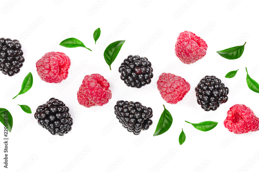 blackberry and raspberry with leaves isolated on white background with copy space for your text. Top view. Flat lay pattern blackberry and raspberry with leaves isolated on white background with copy space for your text. Top view. Flat lay pattern