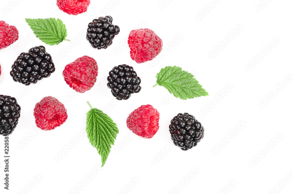 blackberry and raspberry with leaves isolated on white background with copy space for your text. Top view. Flat lay pattern blackberry and raspberry with leaves isolated on white background with copy space for your text. Top view. Flat lay pattern