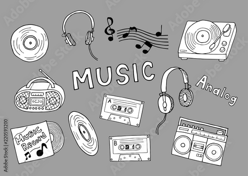 アナログ音楽のイラストセット（白）