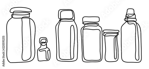 Plastic jar with screw cap, Vector illustration isolated on white background. Continuous line drawing. Vector monochrome, drawing by lines