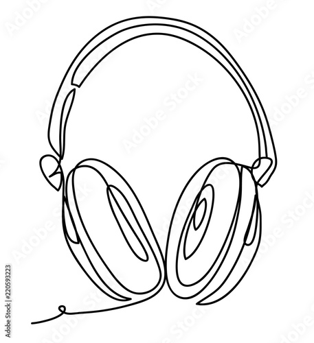 Wireless headphones with music and technology symbols Vector illustration isolated on white background. Continuous line drawing. Vector monochrome, drawing by lines