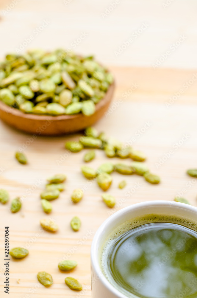 Organic Green Matcha Tea and edible seeds of hyacinth bean snack Organic Green Matcha Tea and edible seeds of hyacinth bean snack