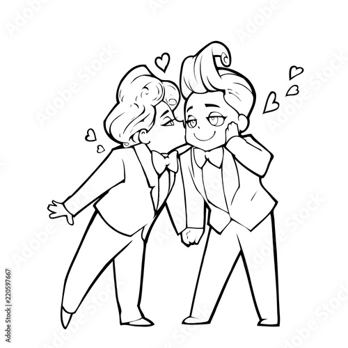 Cartoon anime illustration. Two happy handsome men, just married homosexual couple, hold hands and kiss each other