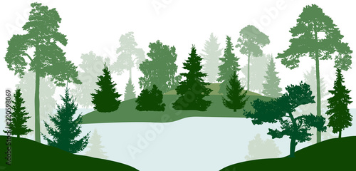 Lake (river) flows through the forest, silhouette, vector