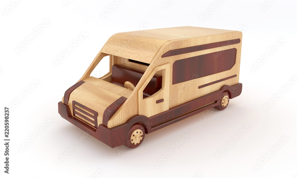 3d rendering wooden toy cars from two varieties of wood vintage models on a white isolated background
