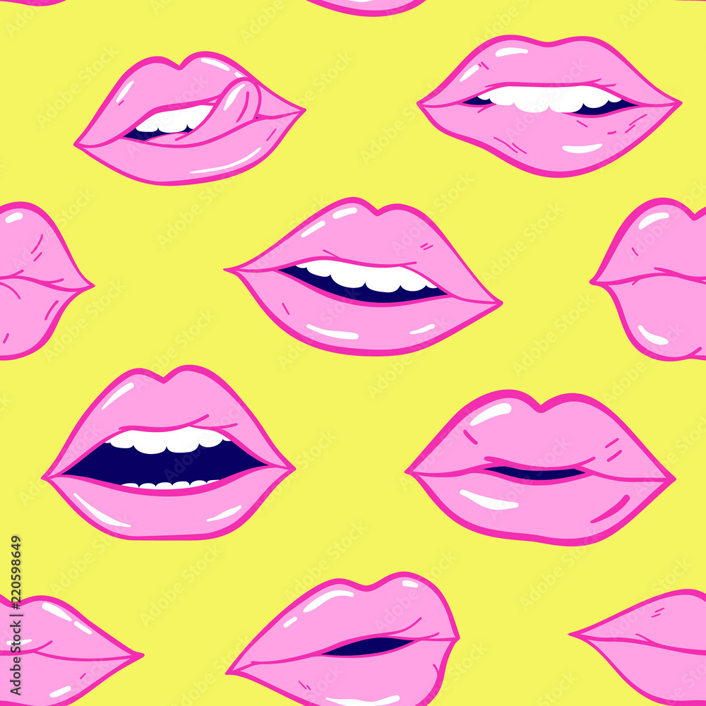 Beauty, makeup, cosmetic fashion seamless pattern. Vector red pink color doodle lips patches in pop art 80s-90s style. Woman's sexy emotions mouth. Beauty, makeup, cosmetic fashion seamless pattern. Vector red pink color doodle lips patches in pop art 80s-90s style. Woman's sexy emotions mouth.