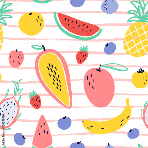 Vector tropical fruit background with durian, pineapple, mango, watermelon, dragon fruit, Pitaya, banana, papaya. Summer exotic fruit seamless pattern on stripes