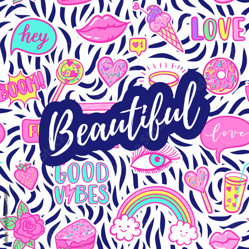 Beautiful greeting card, fashion poster. Hand drawn fashion pink color patches: rainbow, doughnut, cat, macaron, cake, lollipop seamless pattern. Vector pop art sticker, patches pin 80s-90s style.