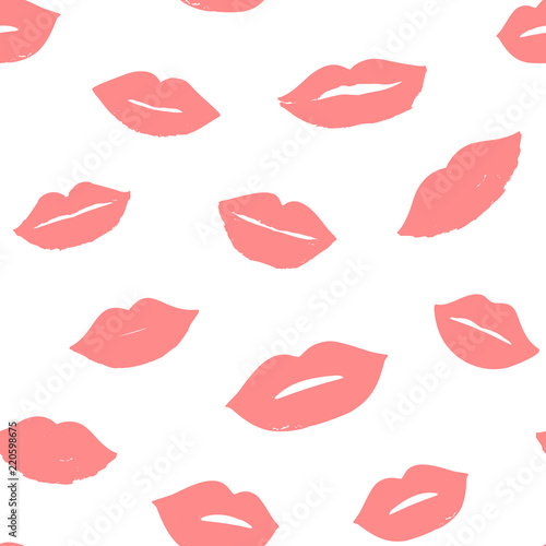 Beauty  makeup  cosmetic fashion seamless pattern. Vector red pink color doodle lips patches in pop art 80s-90s style. Woman s sexy emotions mouth.