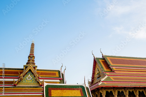 Temple thai style roof.Thai architecture in Buddhism. Identity of the art of Southeast Asian countries who buddhism religion. image for background, architecture. objects, copy space and illustration.