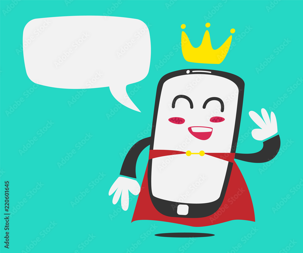 Smartphone king mascot character say hallo in flat funny style with bubble speech template Smartphone king mascot character say hallo in flat funny style with bubble speech template