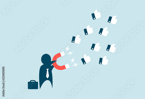Silhouette businessman holding horseshoe magnet attracting like. social media marketing engagement illustration for business article