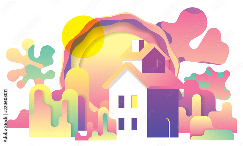 cartoon forest, trees and village house, colorful gradient landscape, flat illustration