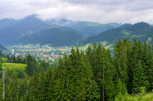 view from the top to the village of Verkhovyna, Carpathian Mountains Ukraine