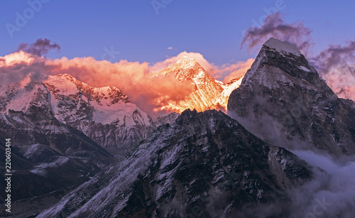 Greatness of nature: grandiose view of Everest peak (8848 m) at sunset. Nepal, Himalayan mountains, the highest point of the planet. photo