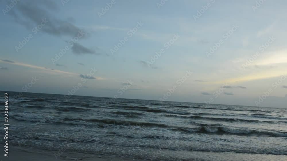 left to right panning landscape of sea and water surf on beach in sunset left to right panning landscape of sea and water surf on beach in sunset