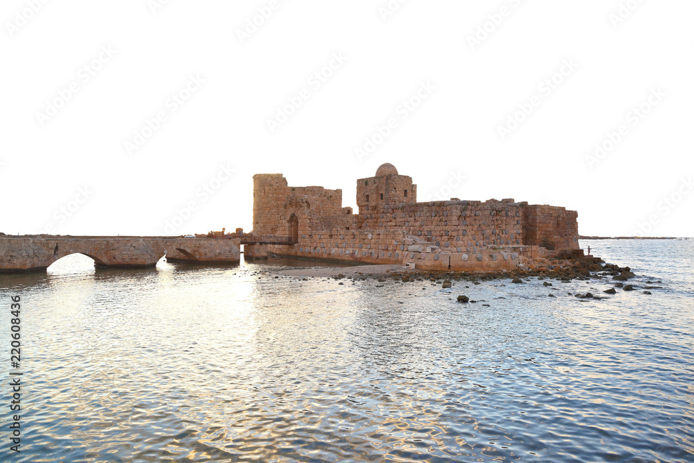 Sidon Crusader Sea Castle remains on a white background, Lebanon