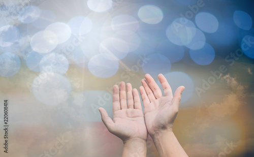 person palm hands to hold holy cross, crucifix to worship. christian in catholic eucharist bless god ceremony. people and religion concept. image for sign and symbol, background, objects