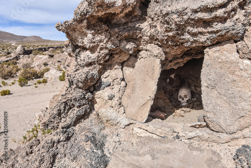 Ancient human remains buried in traditional Chullpas at the Necropolis of San Juan photo