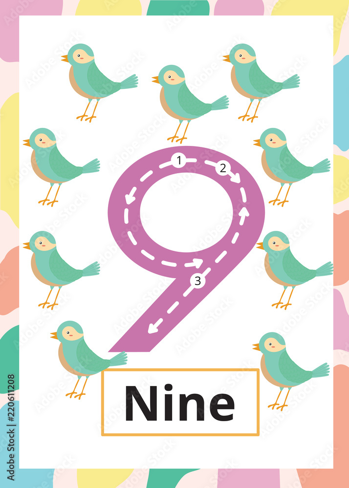 Number Tracing Worksheet nine, 9, Kid number nine with bird. Number Tracing Worksheet nine, 9, Kid number nine with bird.