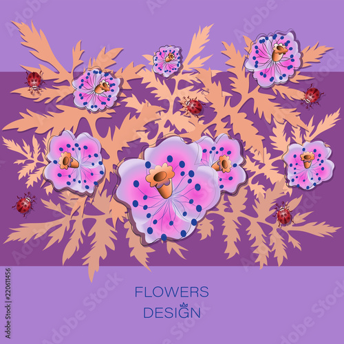 Fototapeta Naklejka Na Ścianę i Meble -  Pink poppy flowers. Flowers design. Greeting card. Flowers on a violet-lilac background with space for text. Design for printing on fabric or paper basis.