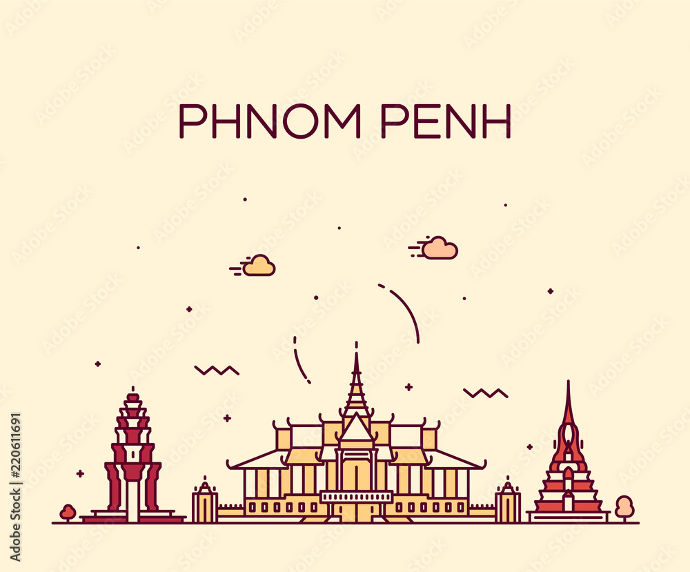 Phnom Penh skyline Cambodia Trendy vector linear