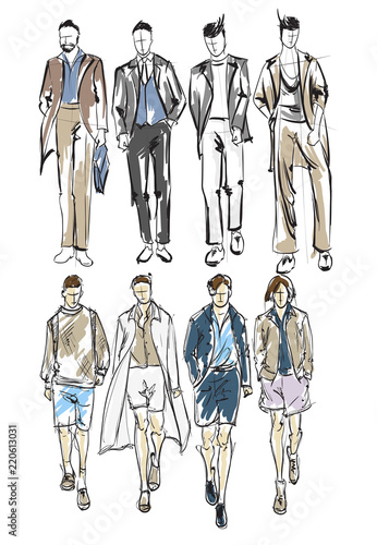 Fashion man. Set of fashionable men's sketches on a white background. Spring men.