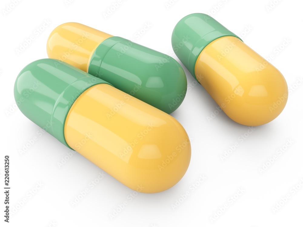 3D rendering Capsule pills isolated on white 3D rendering Capsule pills isolated on white