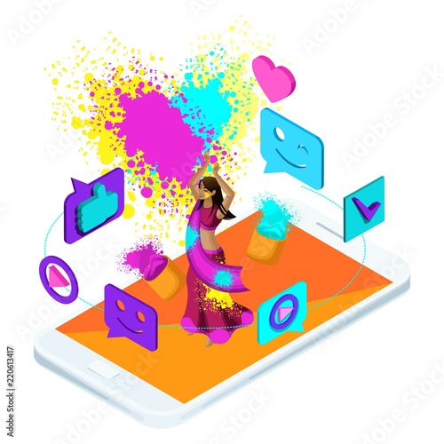 Isometric video Broadcast holiday Holi in India, blog, video, smileys, Laika, girl jumping is happy