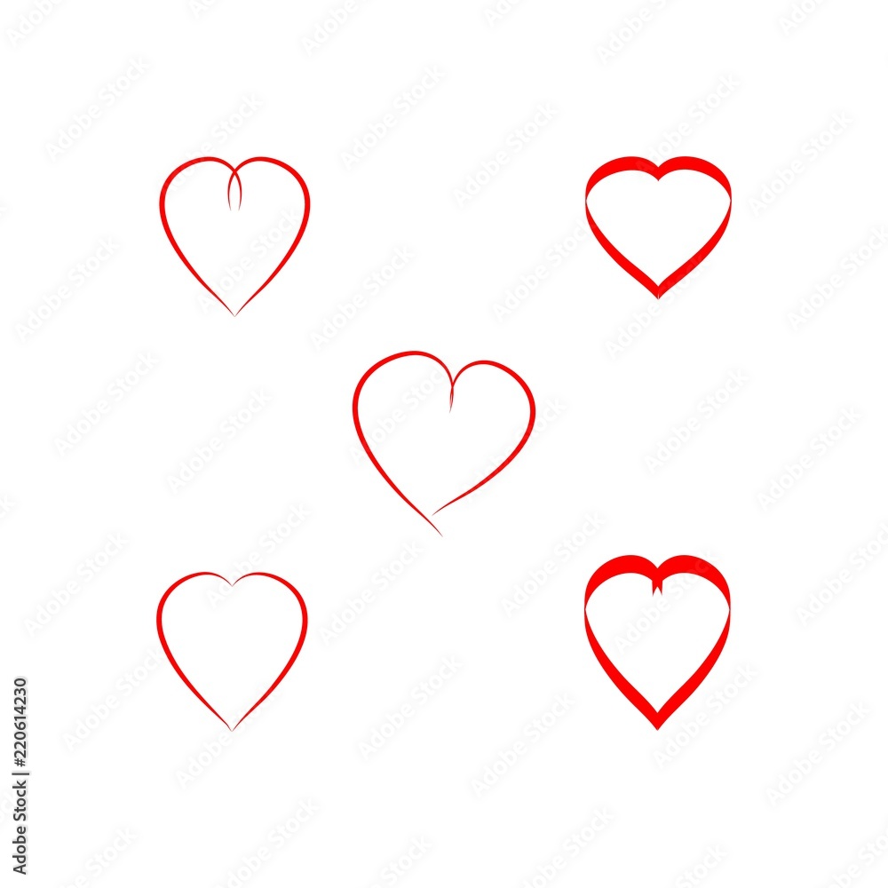 Heart red sign set. Card on white background. Romantic symbol linked join, love, passion and wedding. Template for t shirt, apparel, card, poster. Design element of valentine day. Vector illustration