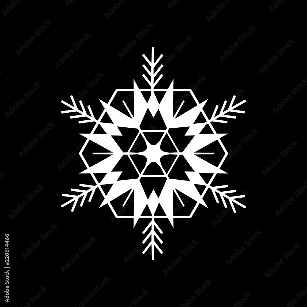 Snowflake in black background. Silhouette design white snowflake. Symbol of Christmas holiday season. Monochrome template for prints, card. Isolated graphic element. Flat vector illustration.
